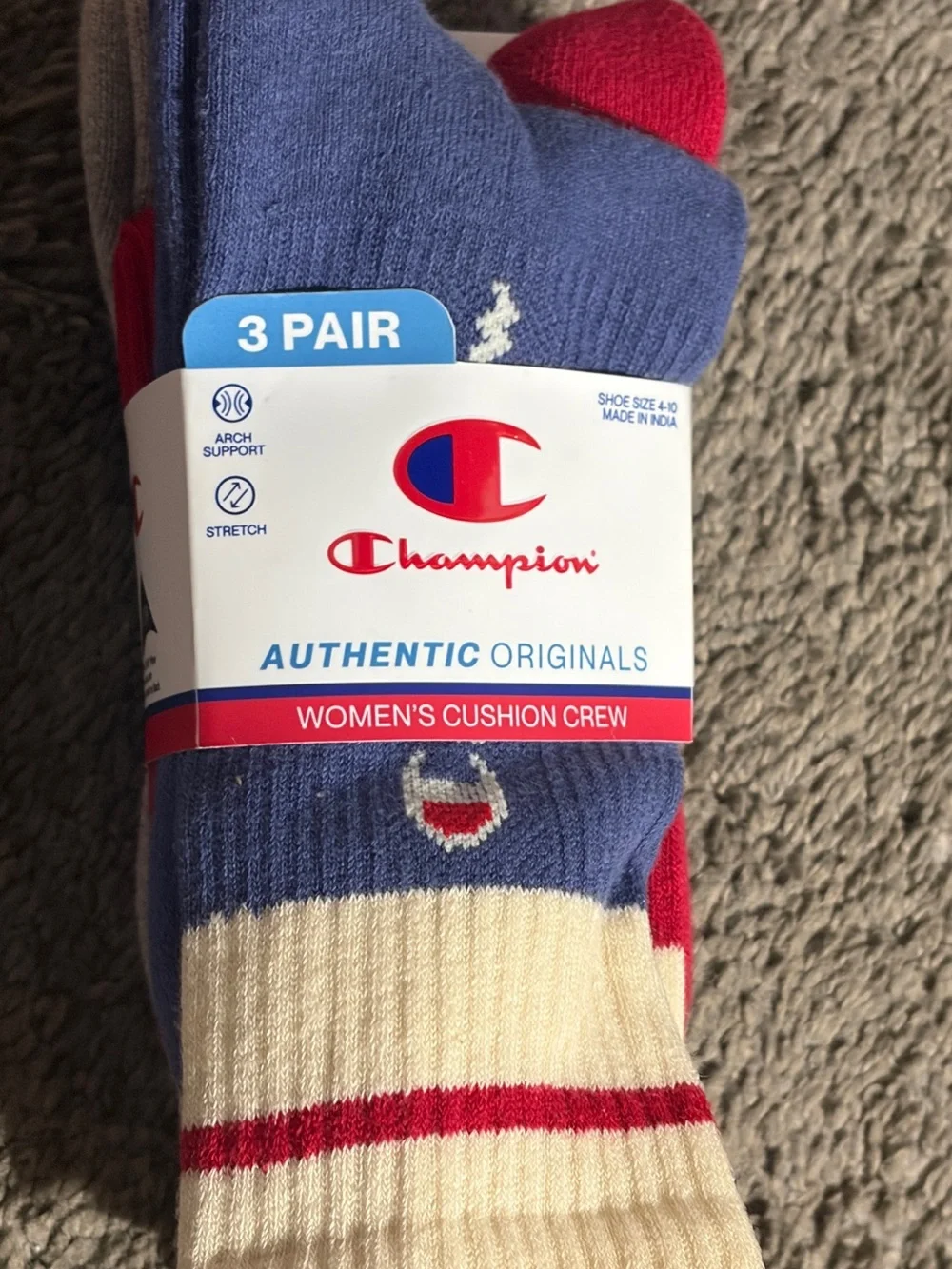 Champion Women's Cushion Crew Socks - Blue, Cream & Red (3 Pair)